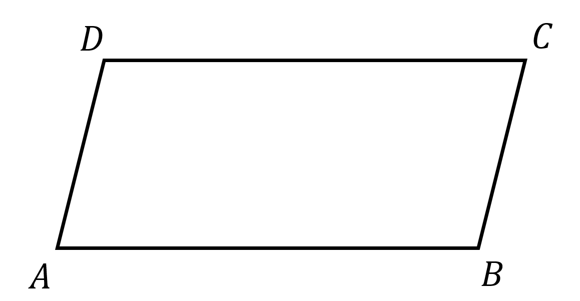 A parallelogram with the letters A, B, C and D at the corners, anticlockwise starting bottom left.