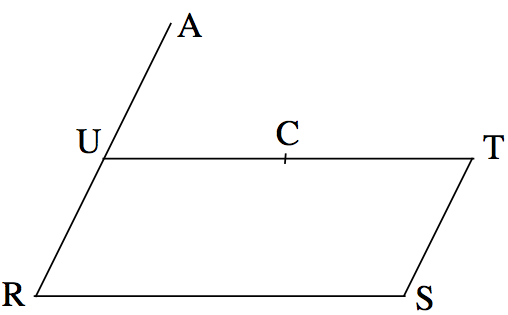 A parallelogram with vertices labelled anticlockwise from bottom left as R, S, T and U. The top line is split in two with the label C halfway between U and T. There is an extra point A above U on the straight line through R and U.