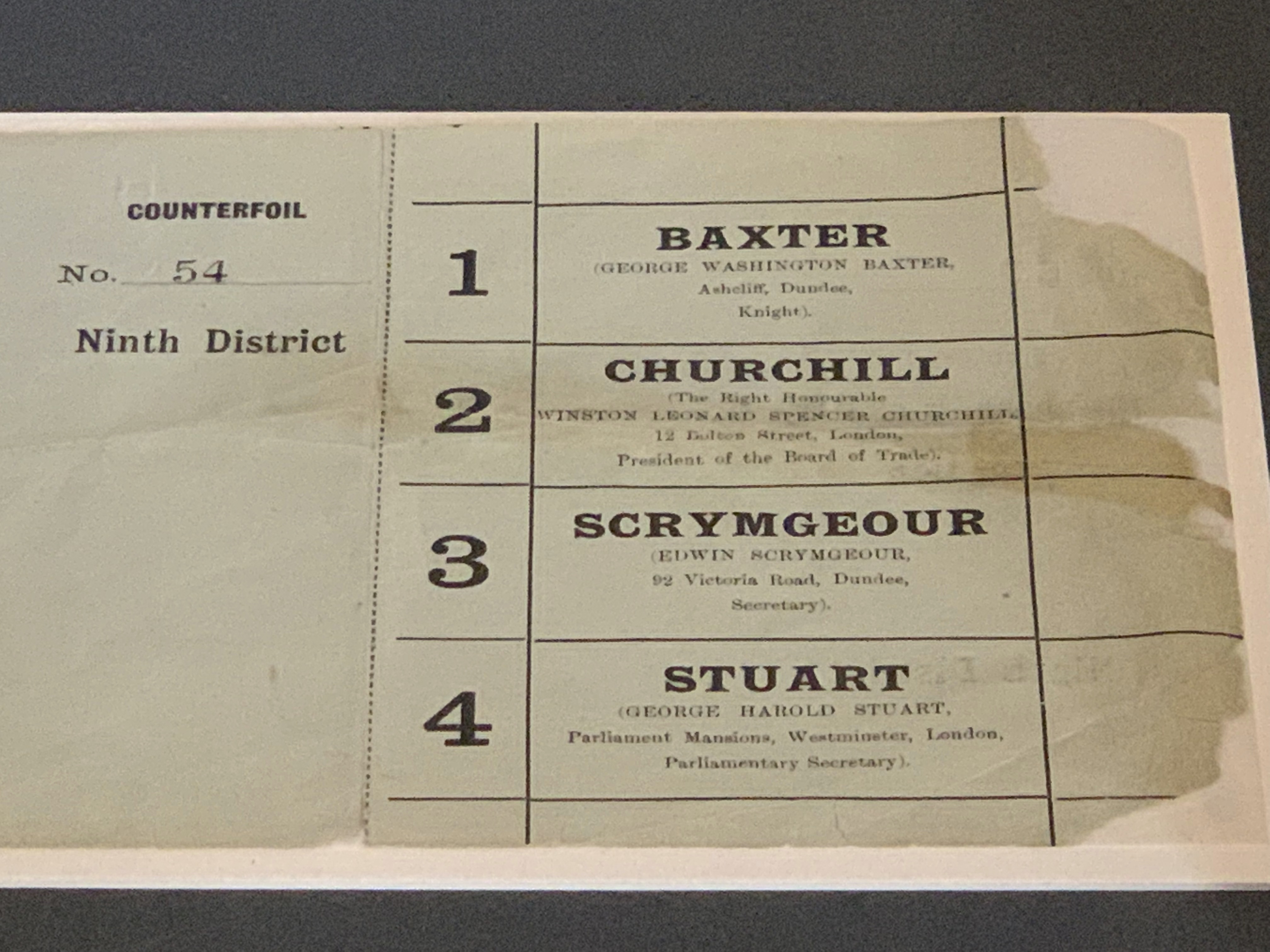 Ballot card listing Churchill.